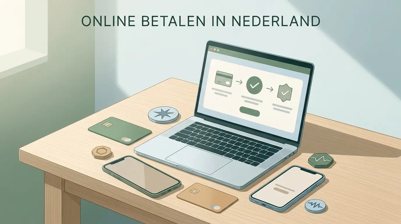Illustratie van Nederlandse online betaalmethoden met bankkaart en crypto