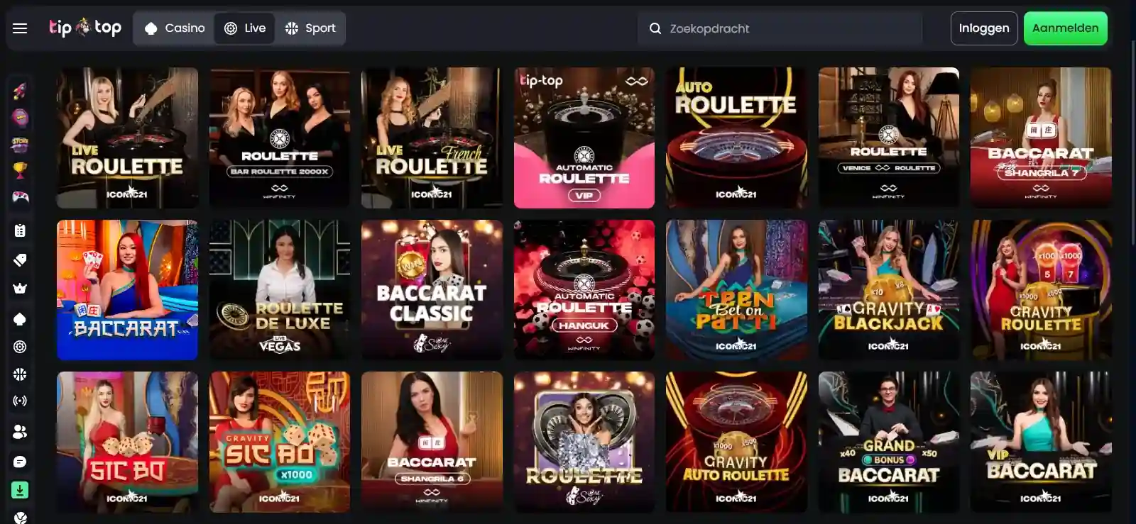 TipTopBet live casino lobby met live dealer tafels