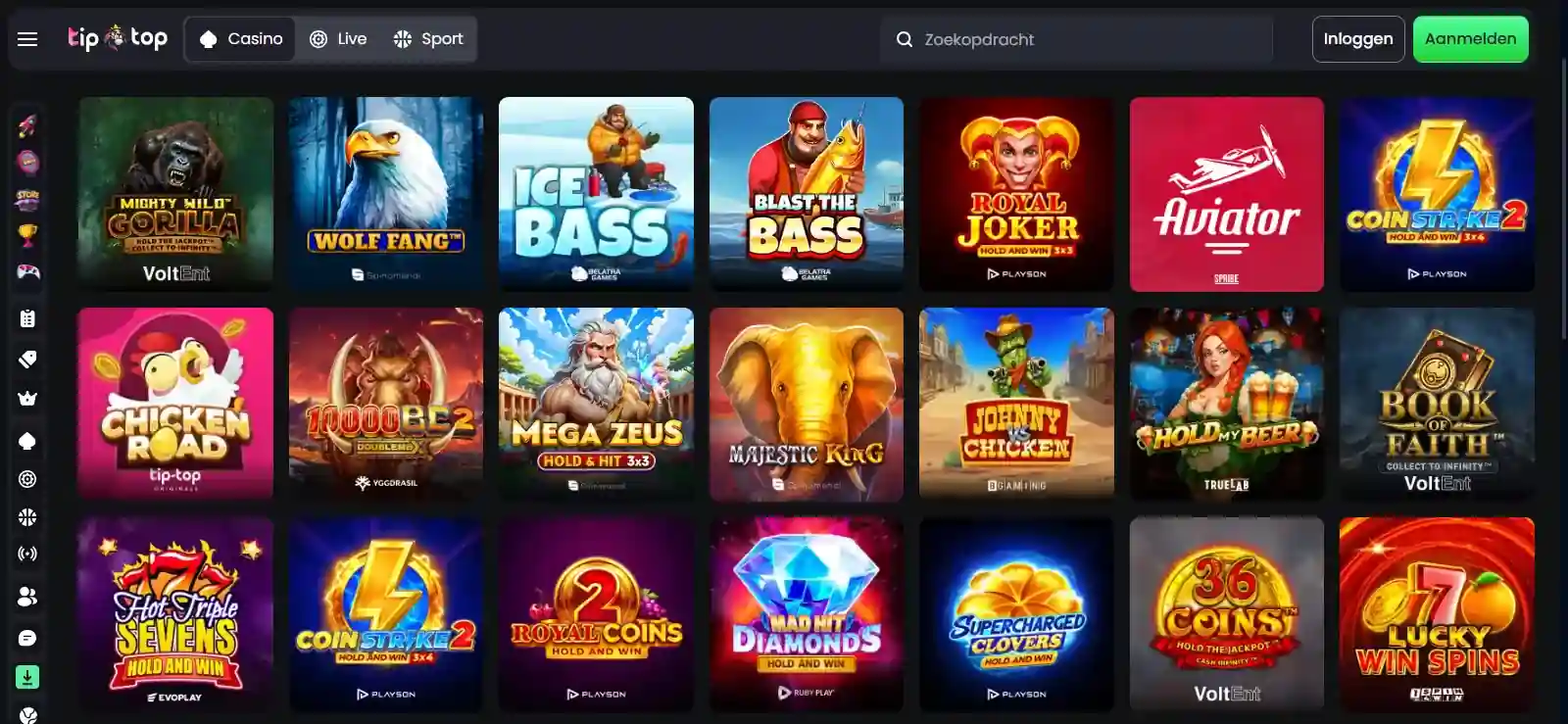TipTopBet spellobby met categorieën voor casino en sport