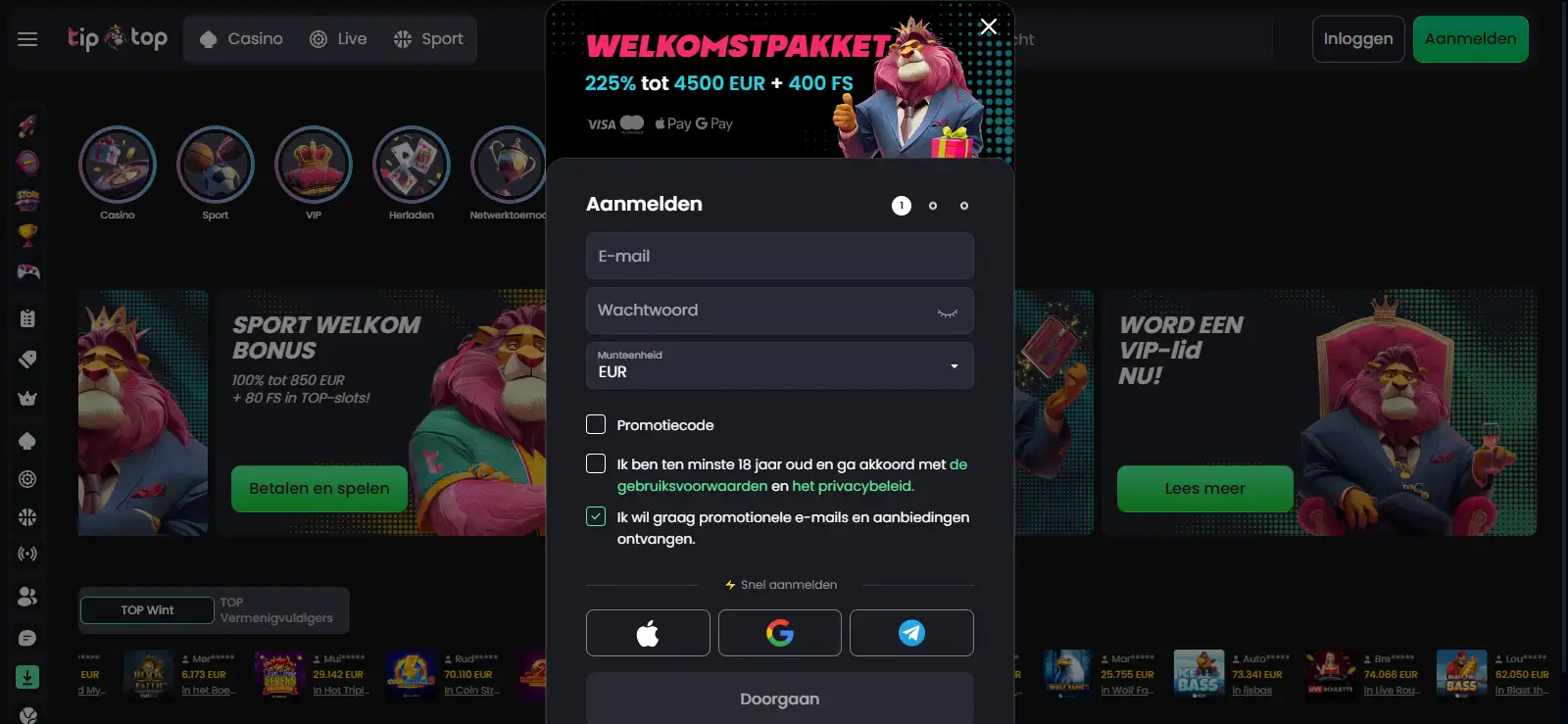 TipTopBet registratiescherm voor een nieuw account