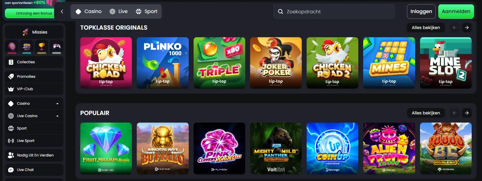 Schermafbeelding van de publieke TipTopBet homepage of lobbybranding